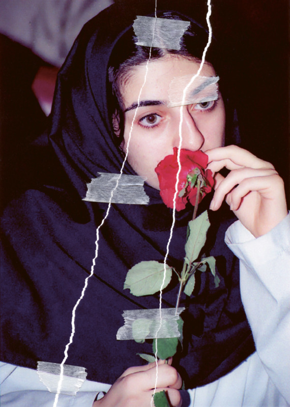 Girl smelling a rose, during an election rally for politicians promising morefreedom for young people. Torn print, taped back together. (Tehran, 2020)© Newsha Tavakolian